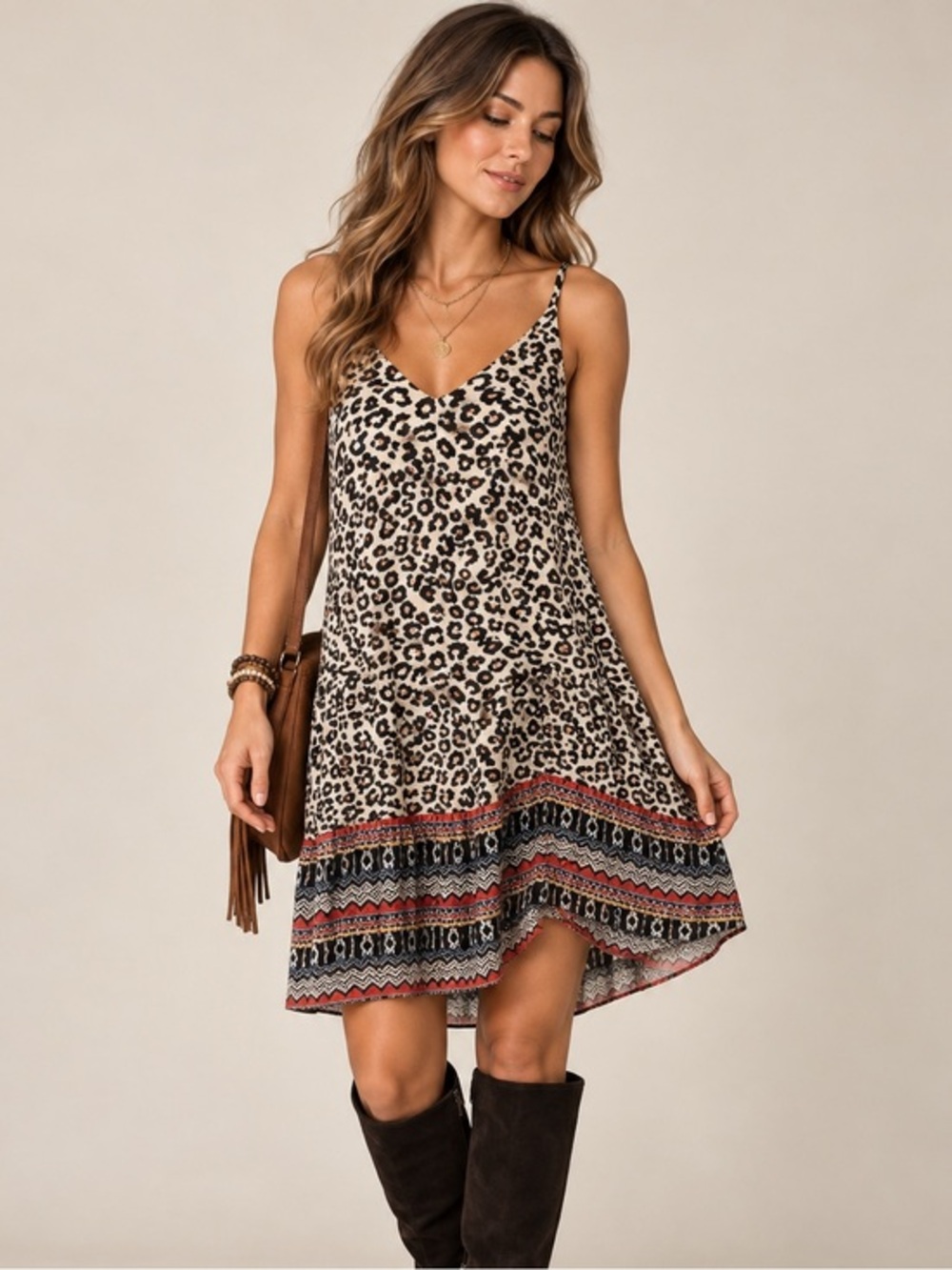 Cabi Leopard Print Boho Dress XS Animal Print Swing Dress Festival Y2K Mini